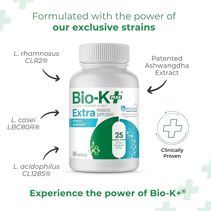 Bio K+ Extra Stress Support with Sensoril - Ashwagandha – Vegan Probiotics Supplement for Everyday Stress, Supports Sleep - 25 Billion CFU 3 Strains – 60 Capsules