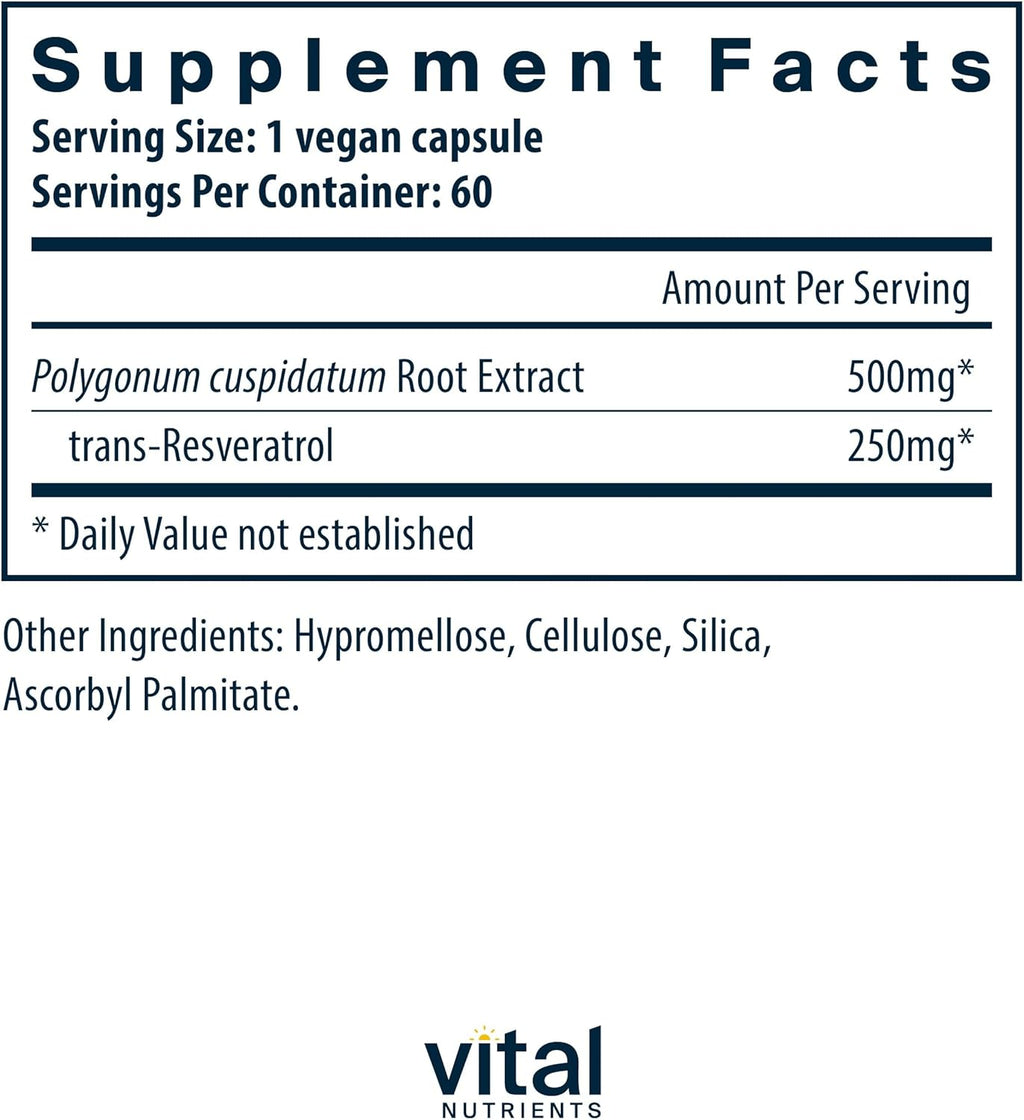 Vital Nutrients Resveratrol | Ultra High Potency Antioxidant | Trans Resveratrol for Cardiovascular and Cell Health Support* | Vegan Supplement | Gluten, Dairy and Soy Free | Non-GMO | 60 Capsules