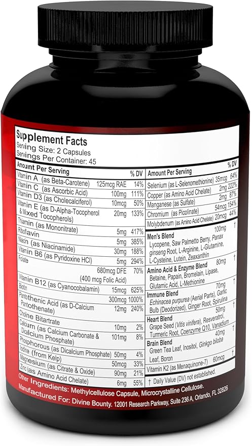 Mens Multivitamin – Daily Multivitamin for Men with Vitamin A C D E K B Complex, Calcium, Magnesium, Selenium, Zinc Plus Heart, Brain, Immune, and Men's Multivitamins – 90 Vegetarian Capsules