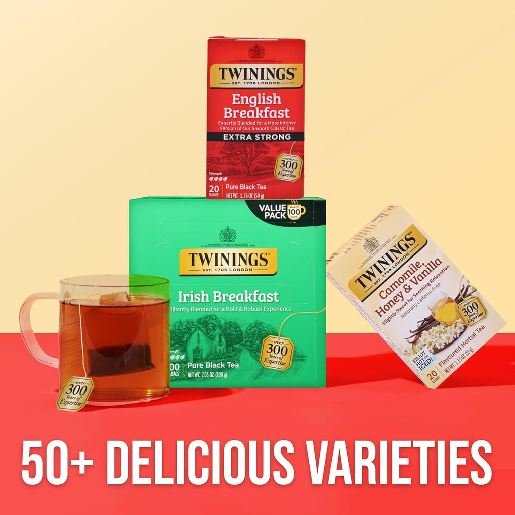 Twinings English Breakfast Extra Strong Black Tea Individually Wrapped Bags, 20 Count (Pack of 1), Robust, Caffeinated, Enjoy Hot or Iced, 20 Teabags