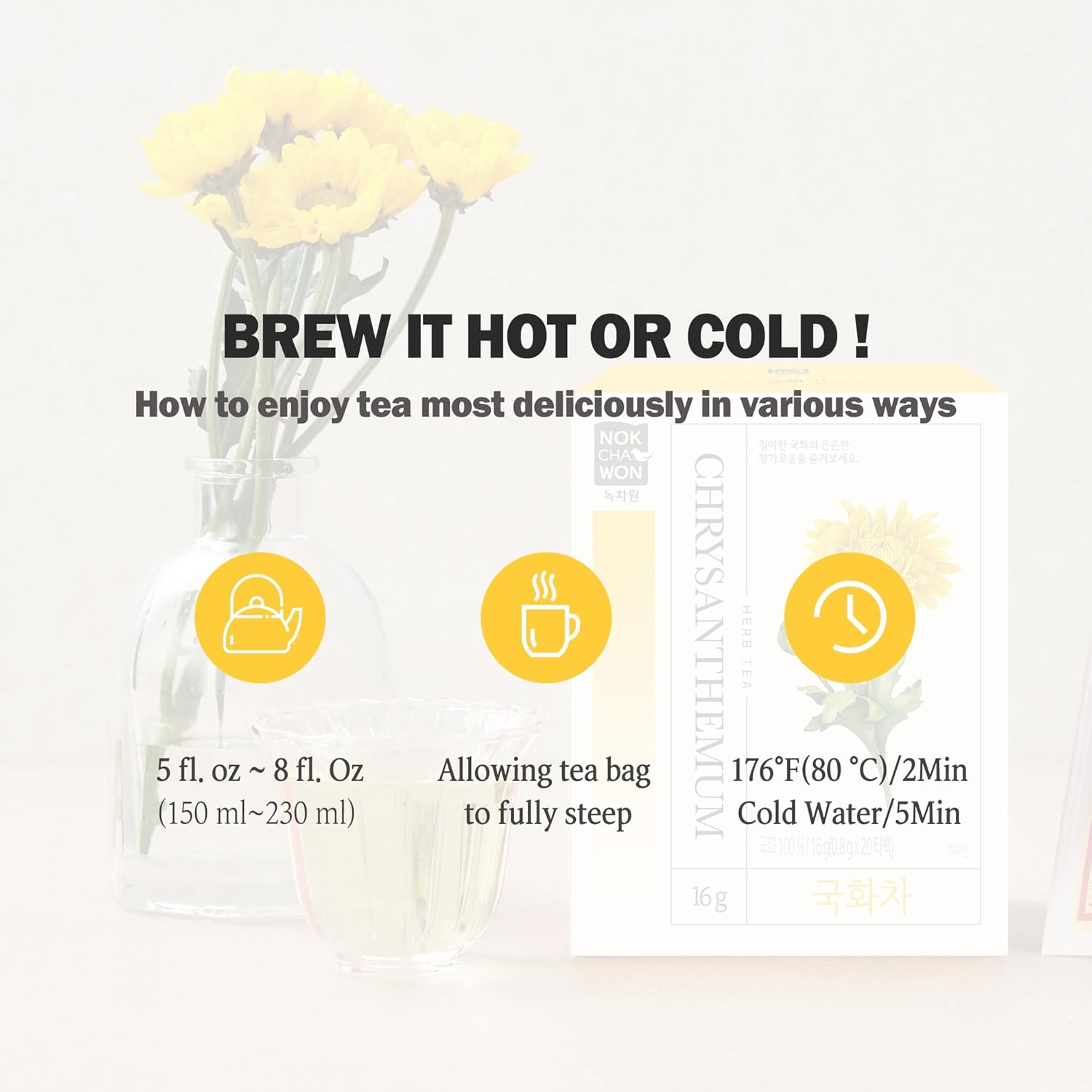 [Nokchawon] Chrysanthemum Tea, Premium Pure Herbal Tea, Caffeine Free, Zero Calories Korean Tea, 20 Count Tea Bags, 0.56oz(16g)