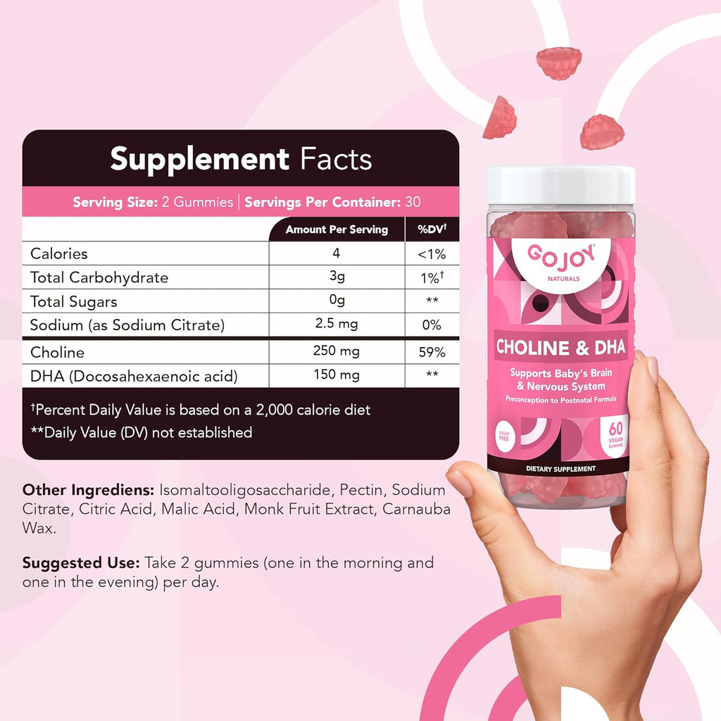 Prenatal Choline & DHA Gummies - Preconception to Postnatal Gummy Vitamin Supplement for Pregnant Women - Sweetened with Monk Fruit - 3rd Party Tested - Non GMO, Gluten Free, Vegan