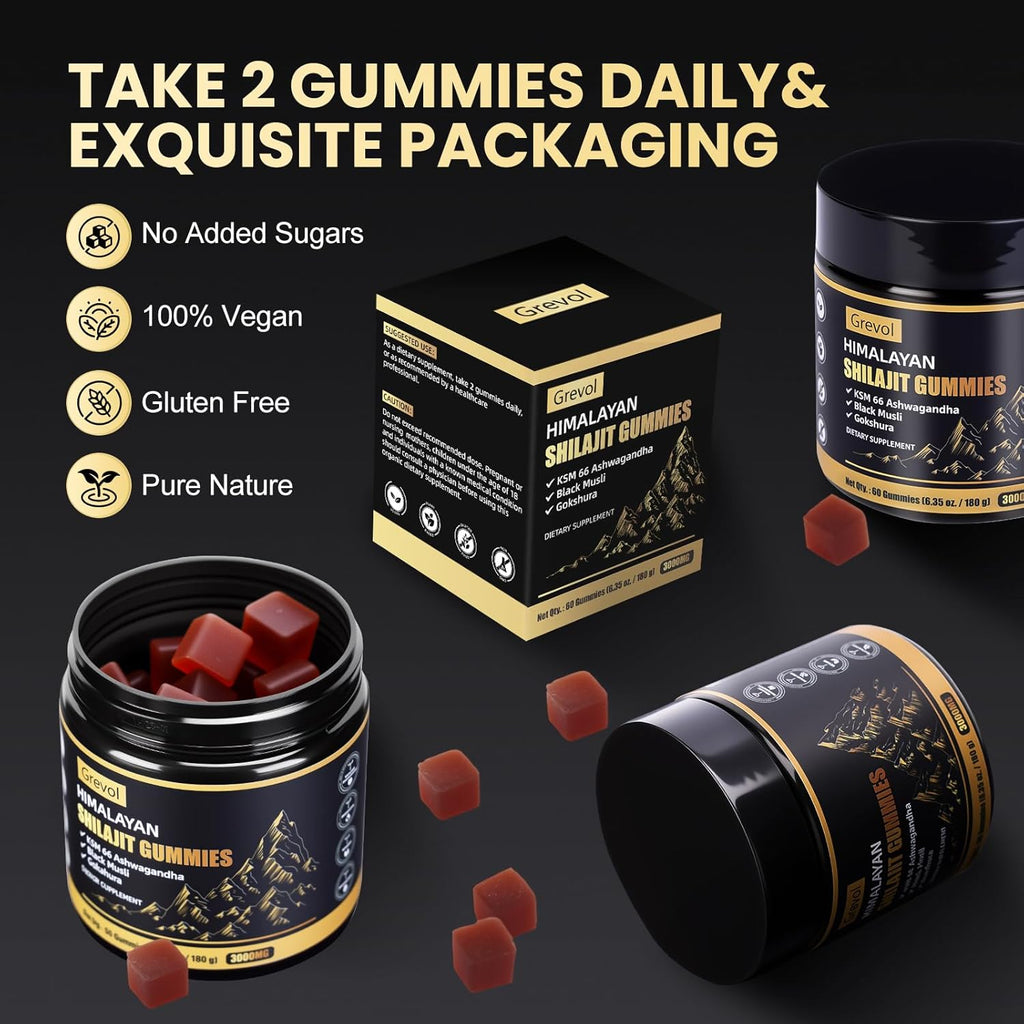 Pure Himalayan Shilajit Gummies with Ashwagandha - Fulvic Acid & 85+ Trace Minerals - No Added Sugar - Shilajit for Men & Women - 60 Gummy