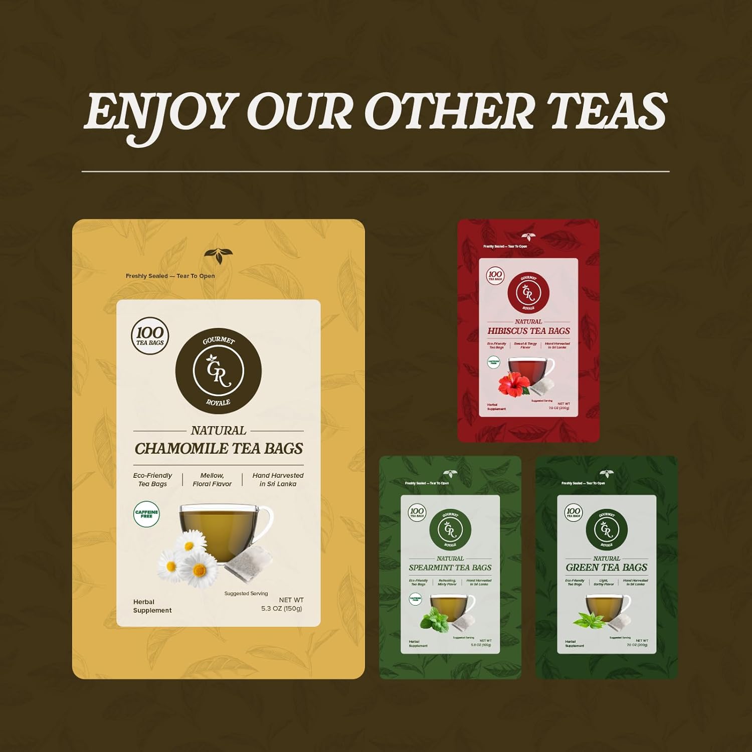 Gourmet Royale Chamomile Tea, 100 Count, Sustainable Tea Bags, Caffeine & Sugar Free, Premium Chamomile from Sri Lanka, Resealable Bag, Pure & Natural, (Pack of 1)
