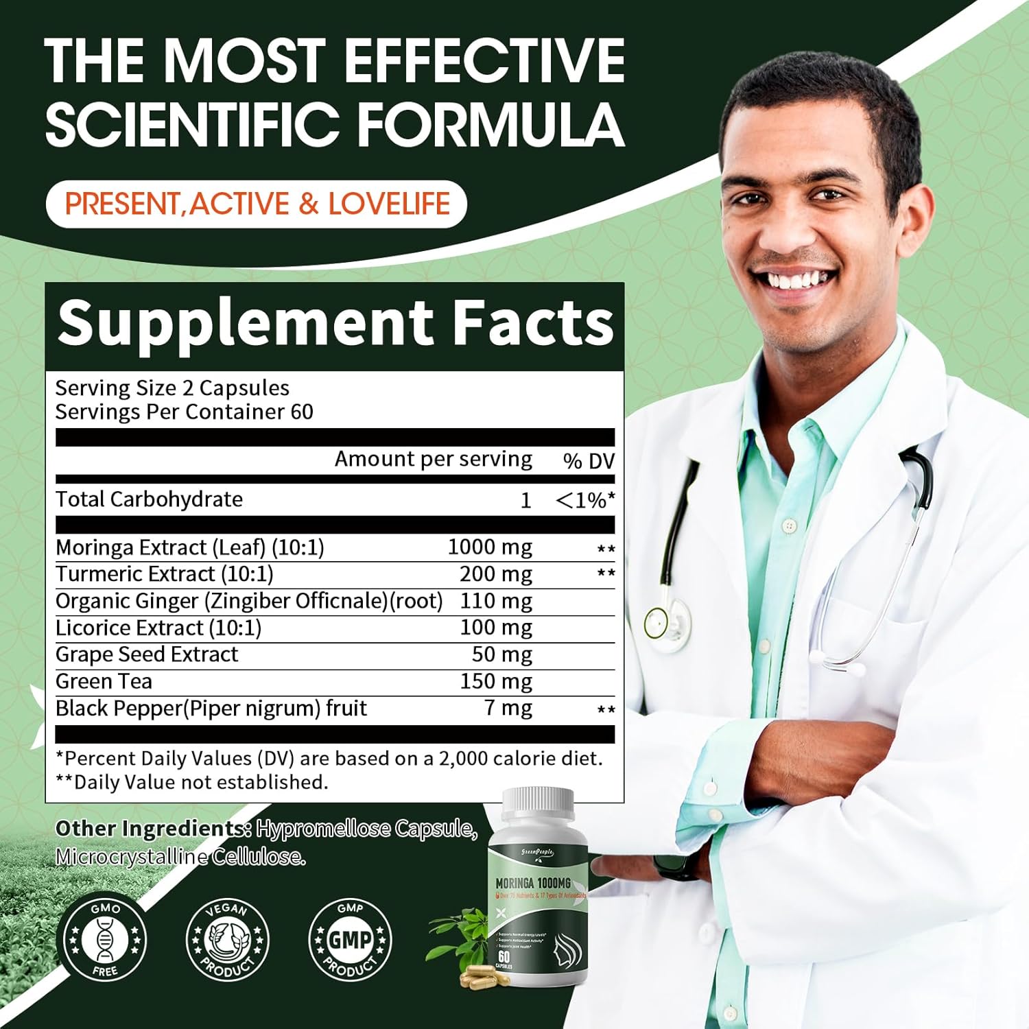 Moringa Capsules,Rich Moringa Powder with Turmeric & Ginger,A Natural Green Antioxidant Superfood - Supports Energy,Skin Health,Gut Health,60pcs 2packs