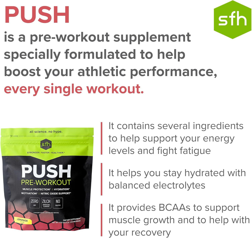 SFH Push Pre-Workout Powder (Lemonade) BCAAs for Muscle Repair | Electrolytes | Non-Dairy, No Artificial Flavors, Colors, Sugar, Soy, Gluten, or GMOs (Bag)