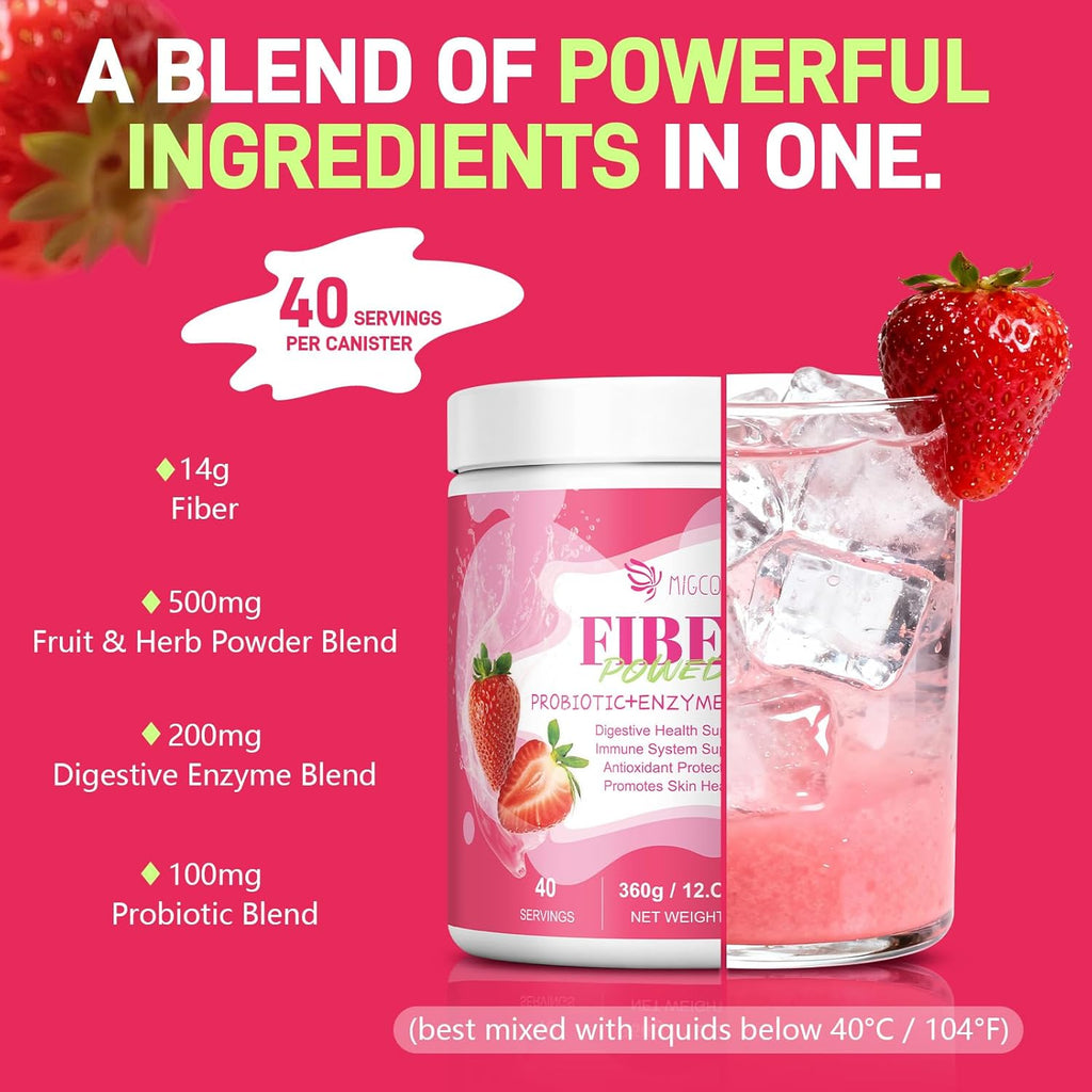 14G Fiber Supplement with Probiotics, Prebiotics, Digestive Enzymes, Vitamin C, Magnesium, Fruit&Herb Powder, Fiber Powder for Digestive Health & Skin Health, No Sugar, Strawberry, 40 Serv.