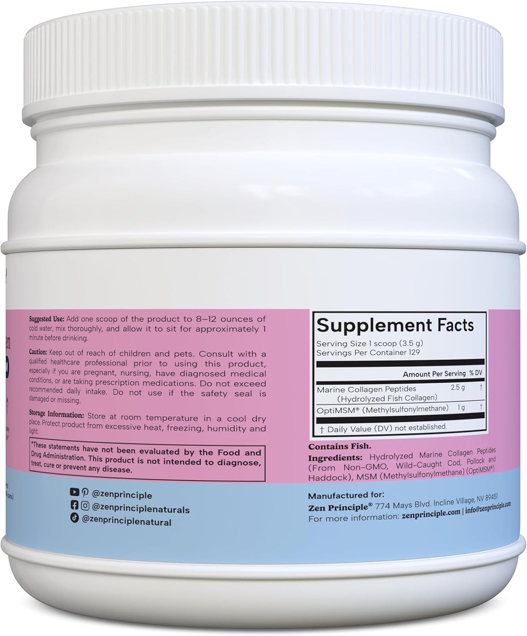 Zen Principle Marine Collagen Peptides Powder with OptiMSM® Supplement. Clinically Tested for Skin Support. Wild-Caught Fish, Non-GMO. Container 16 oz