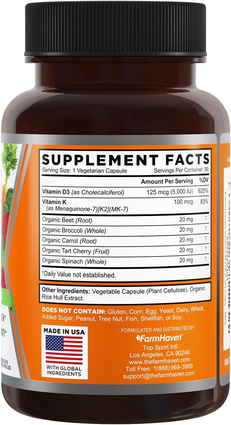FarmHaven Vitamin D3 K2 Capsules - 5000 IU D3 and 100 mcg K2 - Cholecalciferol MK7 with Veggie Fruit Blend - Vitamin D K2 Supplement for Immune System & Heart Health - Vegetarian, Non-GMO, 90 Caps