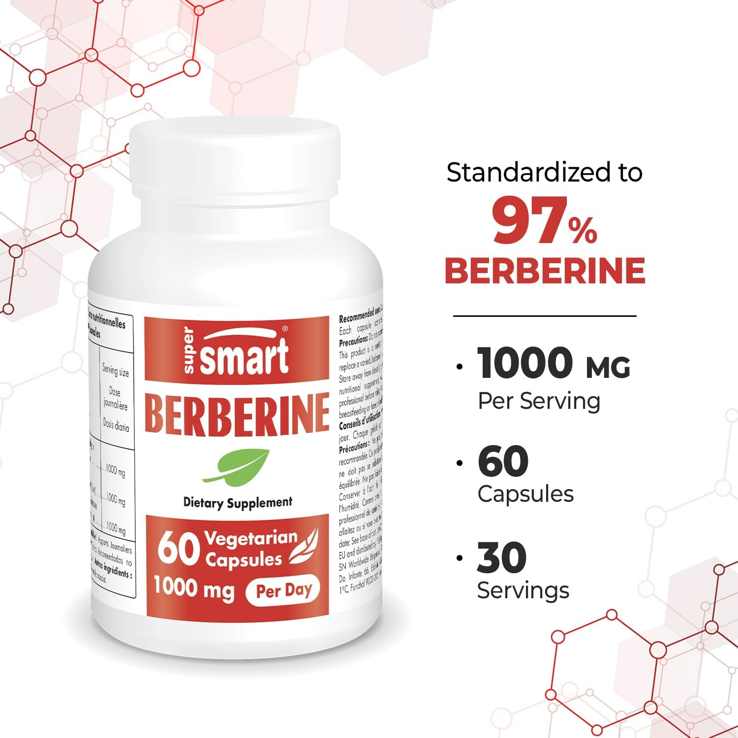 SuperSmart - Berberine HCl Supplement 1000mg per Day (Min. 97% Purity) - Potent Berberis Vulgaris Extract from Barberry | Non-GMO & Gluten Free - 60 Vegetarian Capsules