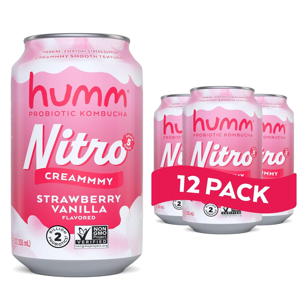 Humm Nitro Kombucha Strawberry Vanilla, Creamy Smooth Probiotic Drink with L-Theanine, Non-GMO, Vegan, Gluten Free, 12 fl oz (Pack of 12)