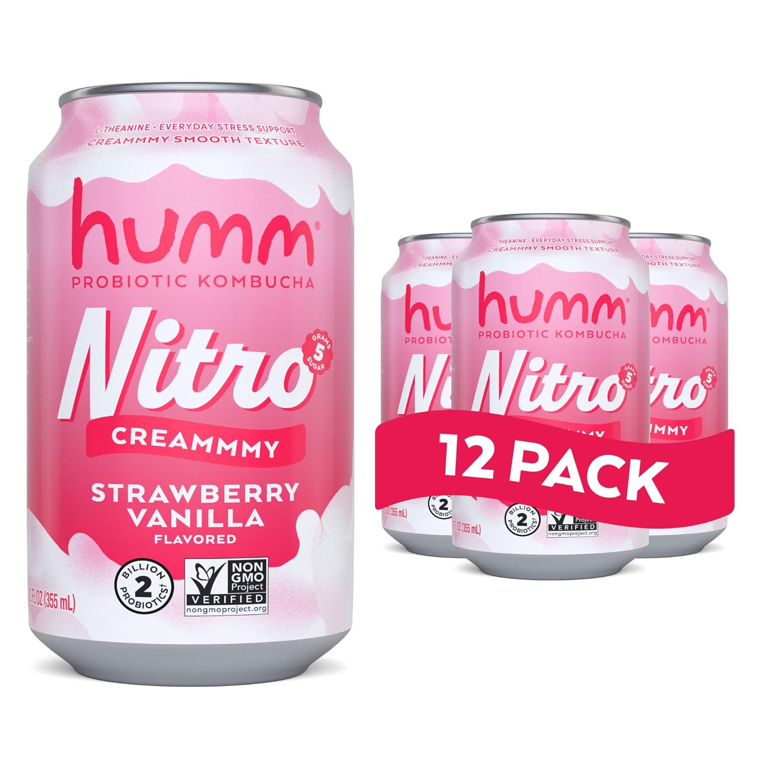 Humm Nitro Kombucha Strawberry Vanilla, Creamy Smooth Probiotic Drink with L-Theanine, Non-GMO, Vegan, Gluten Free, 12 fl oz (Pack of 12)