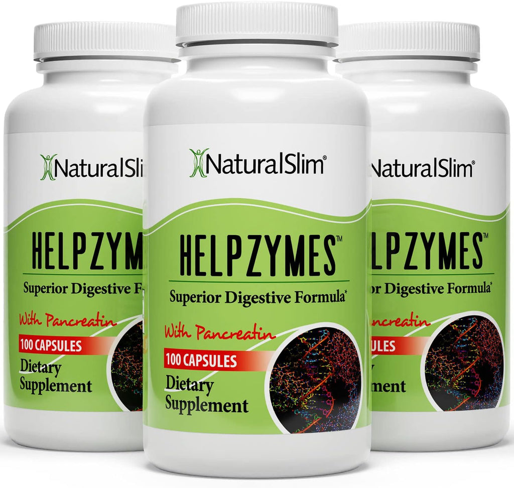 NaturalSlim Digestive Enzymes for Women & Men - Helpzymes Essential Enzymes for Digestion, Gut Health, Gas Bloating Relief with Bromelain, Ox Bile, Pancreatin. & Betaine HCL - 100 Capsules 3 Pack