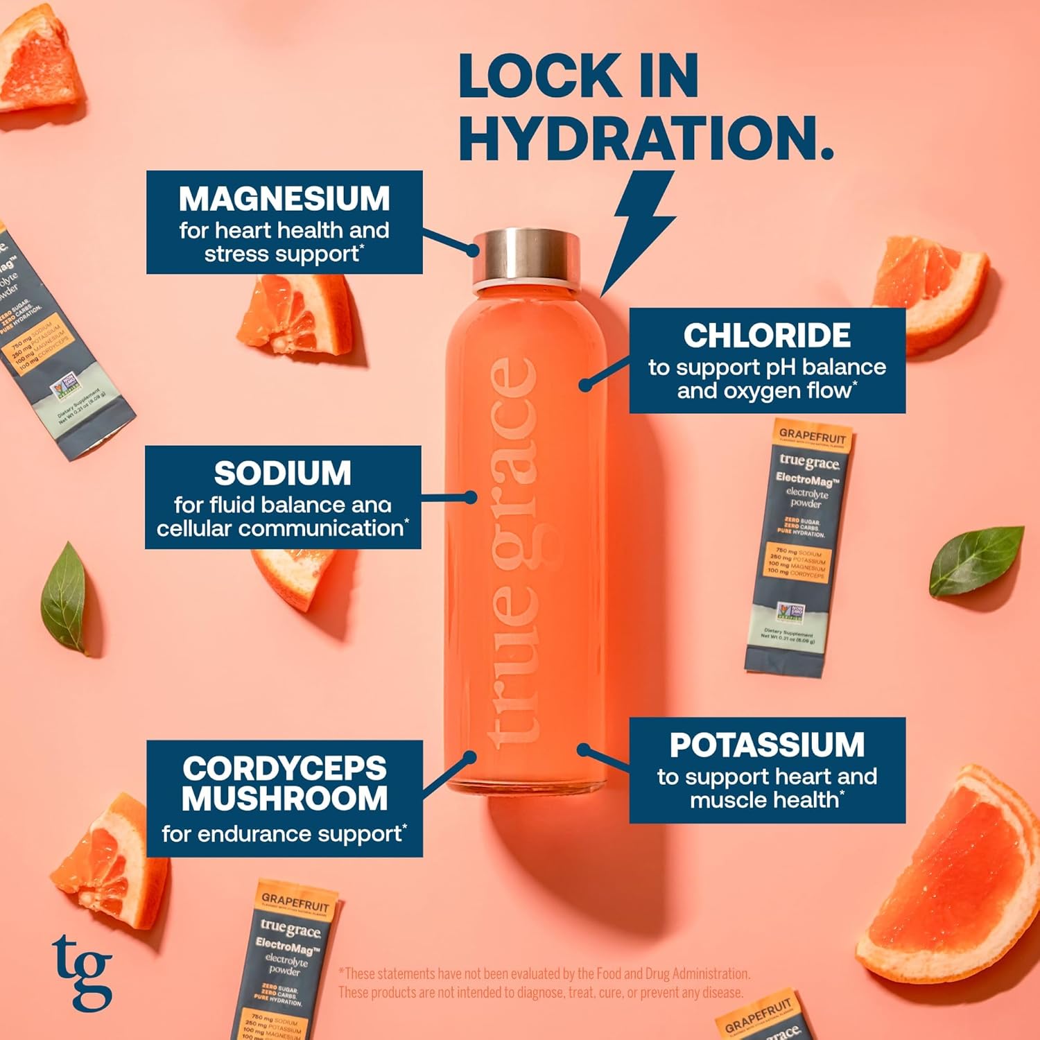 True Grace ElectroMag - 16 Stick Packs - Grapefruit - Electrolyte Powder for Rapid Hydration - Sodium, Potassium, Magnesium & Cordyceps - Zero Sugar & Carbs - Non-GMO - 16 Total Servings