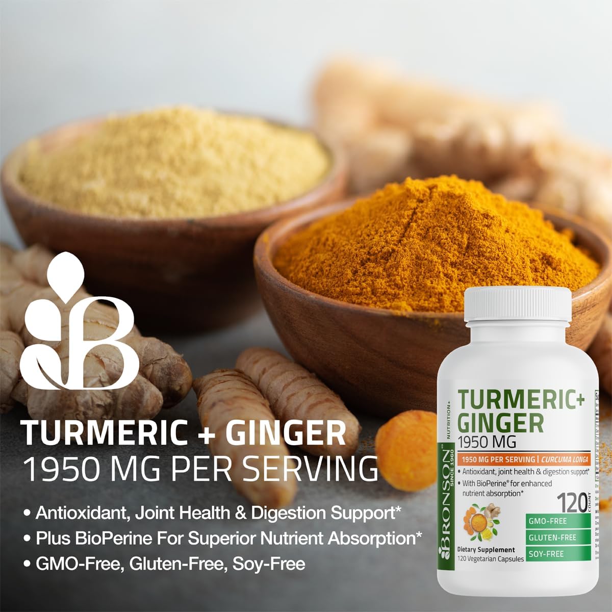 Bronson Turmeric + Ginger Extra Strength Joint Health & Digestion Support with BioPerine, Non-GMO, 60 Vegetarian Capsules