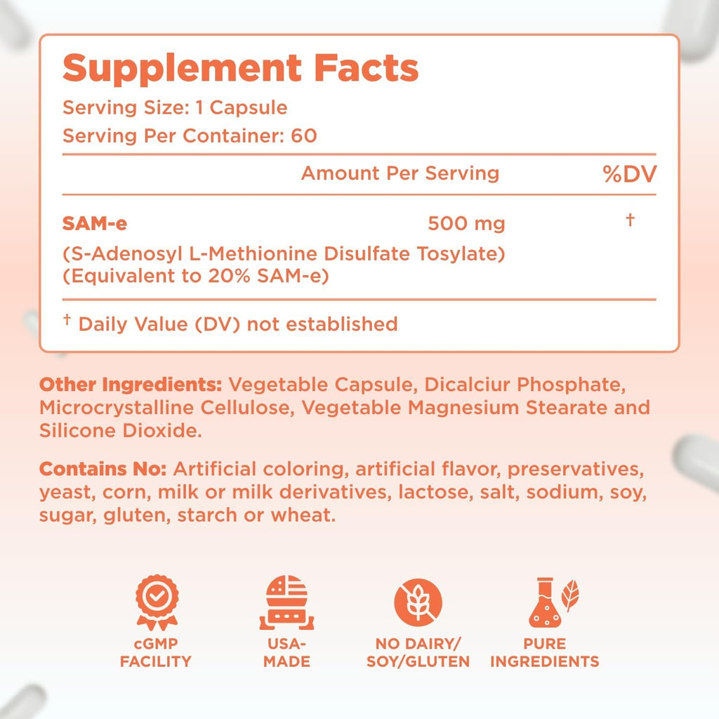Bioactive SAM-e 500mg - High Strength SAM-e Supplement with Biologically Active S,S Form for Liver and Mood Support - Vegan Non-GMO Preservative Free - Made in The US (60 Servings)