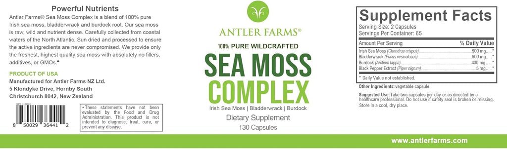 Antler Farms – 100% Pure Sea Moss Complex, 130 Capsules, Wildcrafted Irish Sea Moss, Bladderwrack, and Burdock Root – A Potent Blend for Wellness, Vegan-Friendly, Gluten, Soy, and Dairy Free