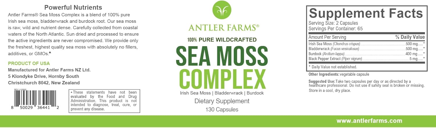 Antler Farms – 100% Pure Sea Moss Complex, 130 Capsules, Wildcrafted Irish Sea Moss, Bladderwrack, and Burdock Root – A Potent Blend for Wellness, Vegan-Friendly, Gluten, Soy, and Dairy Free