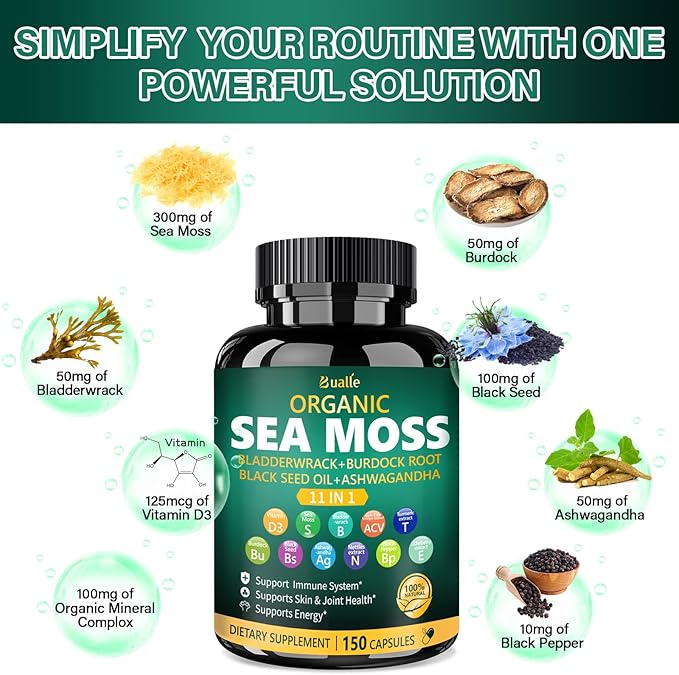 Bualle Irish Sea Moss Capsules – Organic Sea Moss, Black Seed Oil, Ashwagandha Supplements with Bladderwrack, Ginger & Burdock Root – Supports Daily Wellness, Skin & Energy – 150 Capsules (1 Pack)
