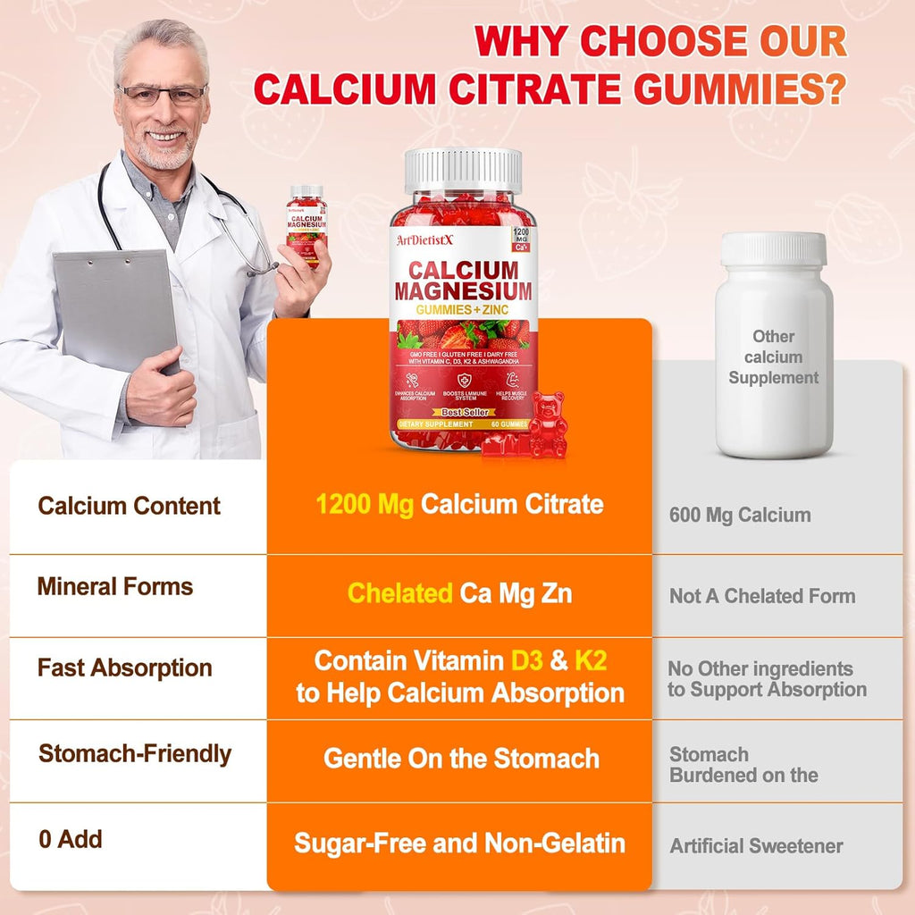 Calcium Magnesium Zinc Gummies with Vitamin D3 for Adults, Calcium Citrate 1200mg with K2, Boron, Copper and Ashwagandha, Absorption Calcium Supplement for Bone, Muscle, Immune for Men Women, 60 Count