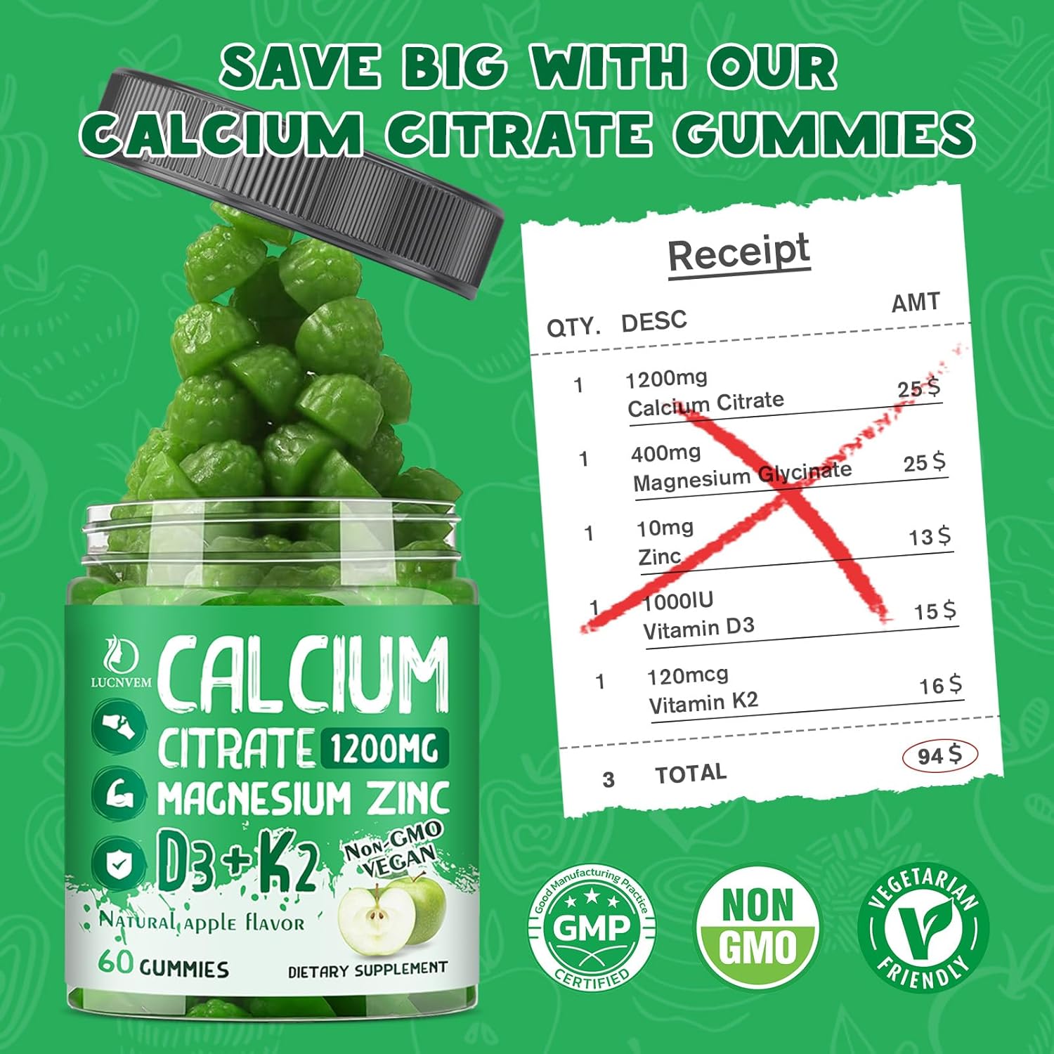 Calcium Citrate 1200 mg with Vitamin D3 Gummies, Calcium Citrate Magnesium Zinc with Vitamin D3 Supplement for Women & Men Bone & Teeth Support, Natural Apple Flavor - 30 Day Vegan Supply