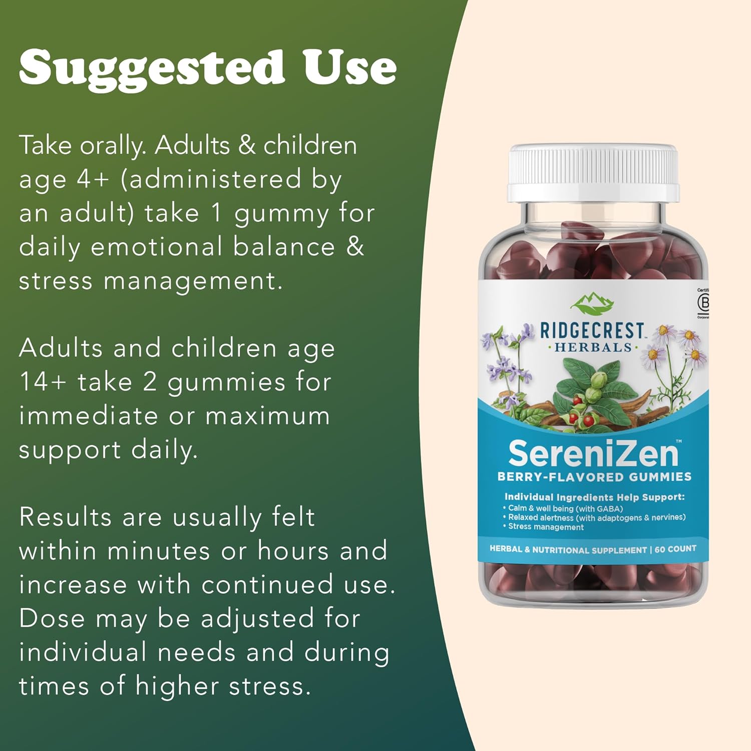 RidgeCrest Herbals SereniZen Gummies with Ashwagandha, GABA, L-Theanine, Chamomile & Lemon Balm, Supports Relaxation & Calm, Stress Management, Sleep. Daily Health Supplement, 60 Ct, 1-2 Month Supply