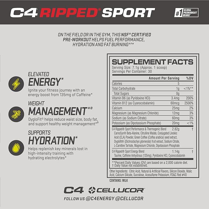 Cellucor C4 Ripped Sport Pre Workout Powder Fat Burner - NSF Certified for Sport + Sugar Free Preworkout Energy Supplement for Men & Women - 135mg Caffeine + Weight Loss - Fruit Punch, 30 Servings