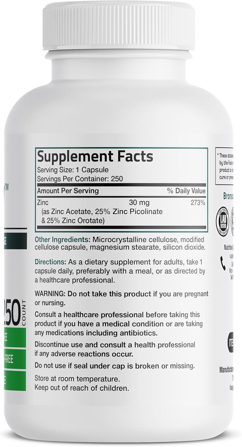 Bronson Zinc Triple Play 30mg Triple Coverage Immune Support with Zinc Acetate, Picolinate & Orotate - Immune, Antioxidant & Skin Health Support - 250 Vegetarian Capsules