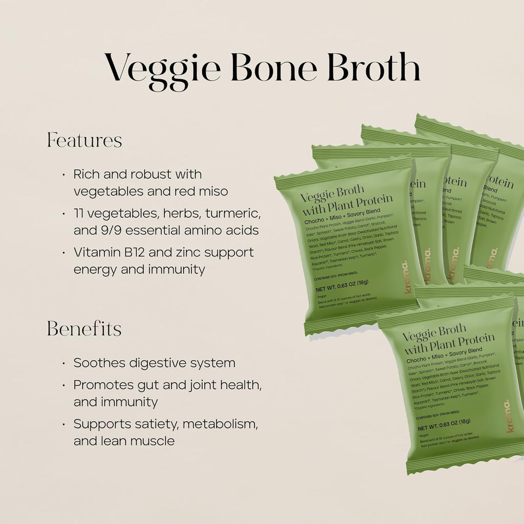Kroma Vegan Vegetable Broth Powder w/ Plant Protein 7 Servings Travel Packs, 4.5 Oz – Red Miso Blend, Vegetables, Turmeric & Chocho Plant Protein Vegetable bouillon powder– Non-GMO Veg Stock – Makes Nourishing Soups and Stews