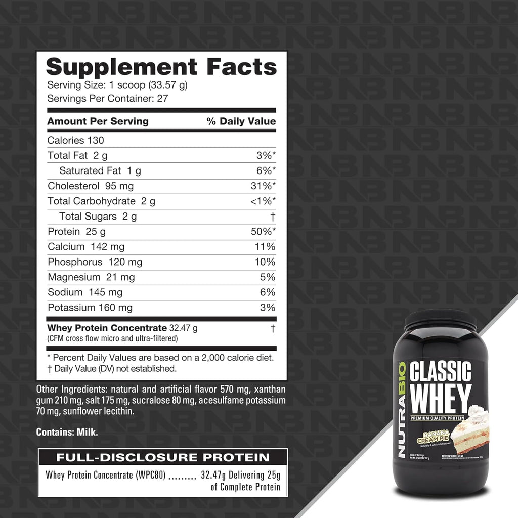 NutraBio Classic Whey Protein Powder- 25G Protein Per Scoop - Full-Spectrum Amino Acid Profile - No Fillers, Artificial Colors, Preservatives - (Banana Cream Pie, 2 Pounds)