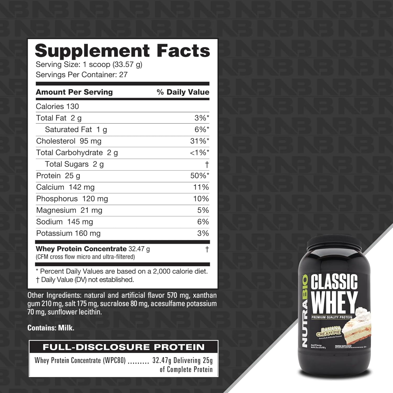 NutraBio Classic Whey Protein Powder- 25G Protein Per Scoop - Full-Spectrum Amino Acid Profile - No Fillers, Artificial Colors, Preservatives - (Banana Cream Pie, 2 Pounds)