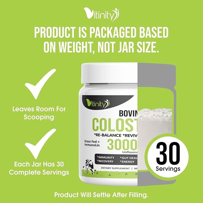 VITINITY Grass Fed Bovine Colostrum Powder for Humans 3000 mg - Natural IgG Colostrum Supplement Gut Health, Immune Support, Muscle Recovery, Wellness | Pure Colostrum Superfood,Unflavored 2 Pack