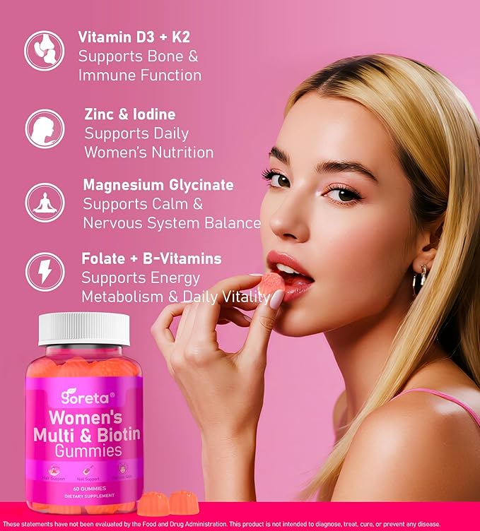 Women’s Multivitamin Gummies with Biotin 2,500 mcg – 15 Key Nutrients, Sugar-Free Mixed Berry, Pectin-Based, 60 Count