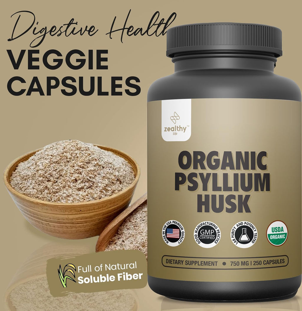Organic Psyllium Husk Capsules, Natural Fiber Supplement for Gut Health* - Alternative to Psyllium Husk Powder, Zealthy Life, 250 Capsules