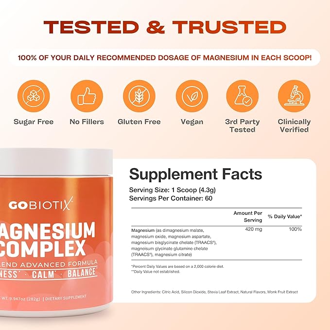 GoBiotix Magnesium Glycinate Powder – Cortisol Supplements for Women and Men – High Absorption Magnesium Complex Calm Supplement with Citrate, Malate – Sugar Free – 420 mg, 60 Servings - Peach Tea