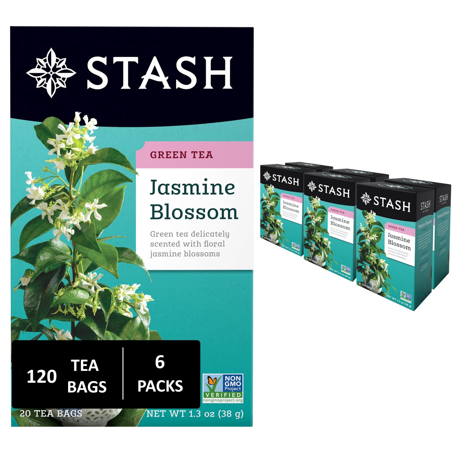 Stash Tea Jasmine Blossom Green Tea - Caffeinated, Non-GMO Project Verified Premium Tea with No Artificial Ingredients, 20 Count (Pack of 6) - 120 Bags Total