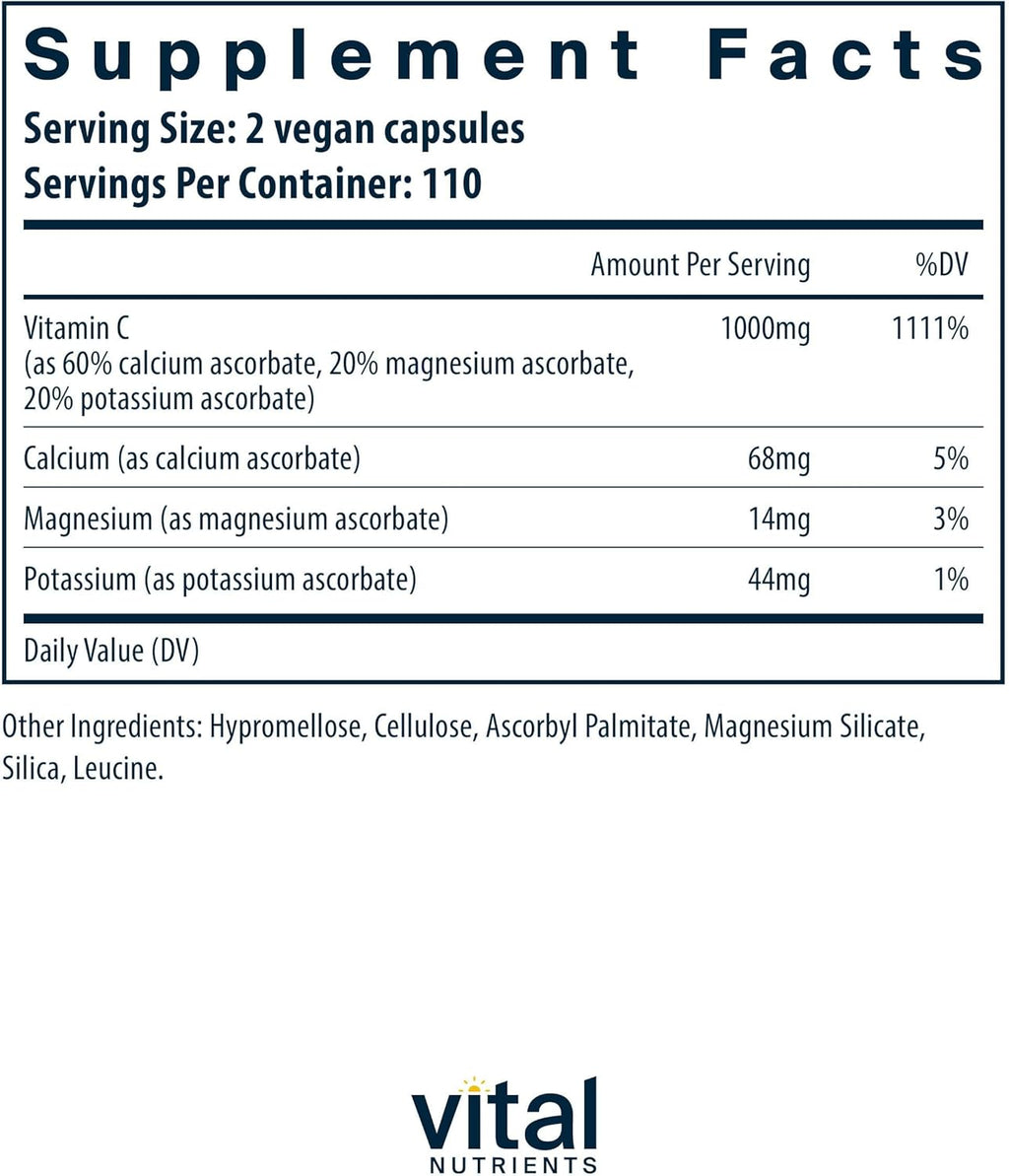 Vital Nutrients Buffered Vitamin C 500mg | Vegan Gentle Vitamin C for Sensitive Individuals* | Immune Support Supplement* | Gluten, Dairy and Soy Free | Non-GMO | 220 Capsules