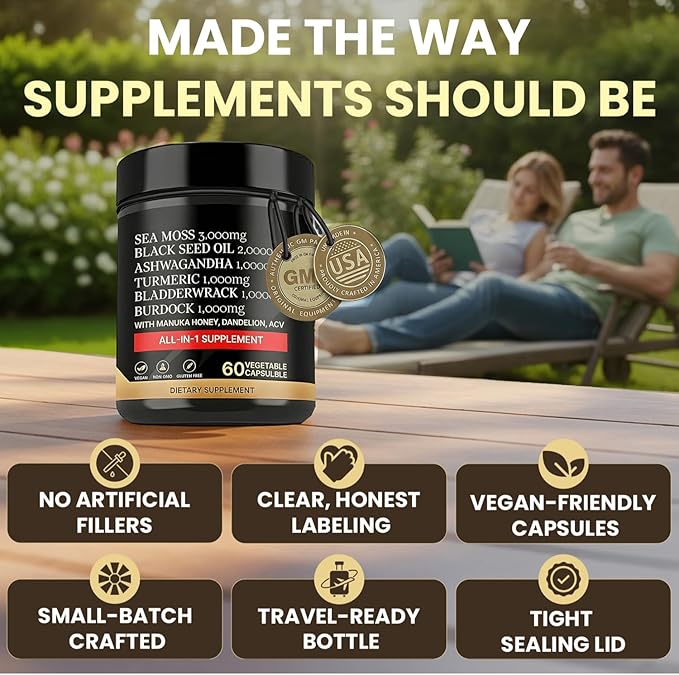 True Sea Moss Black Seed Oil Ashwagandha Burdock Root, Tumeric Supplement with Manuka Honey, Dandelion Root ACV - 60 Capsules - Multi Vitamin