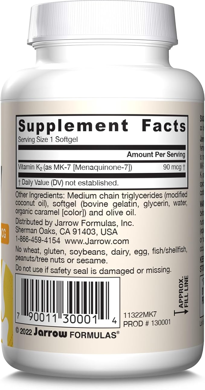 Jarrow Formulas MK-7 90mcg-Bioactive Form of VIT K2-60 Servings(Softgels)-for Bone & CV Health-VIT K2 MK-7 Dietary Supp-K2 VIT Supp MK-7-Gluten Free,12 Pack