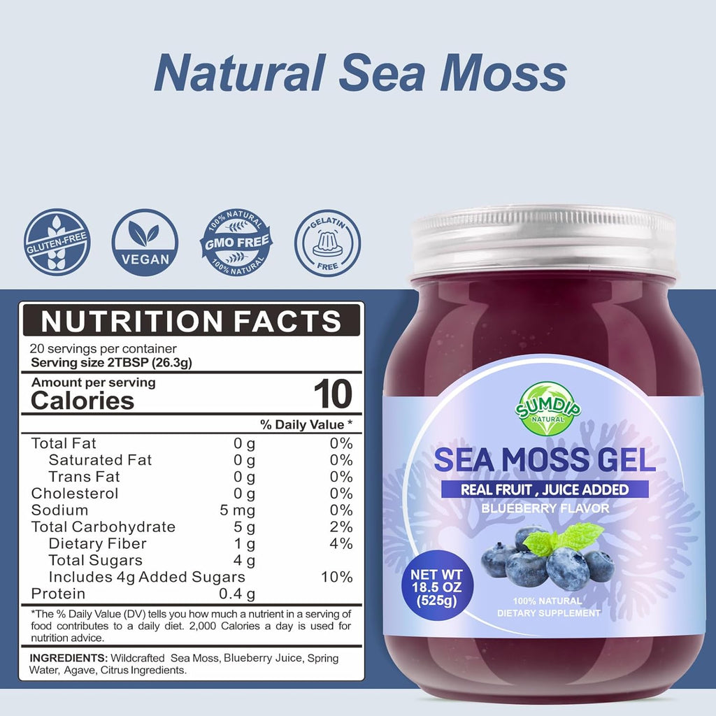 Sea Moss Gel, 18.5OZ Raw Flavored Irish Seamoss Gel Immune and Digestive Support Vitamin Mineral Supplements, Blueberry