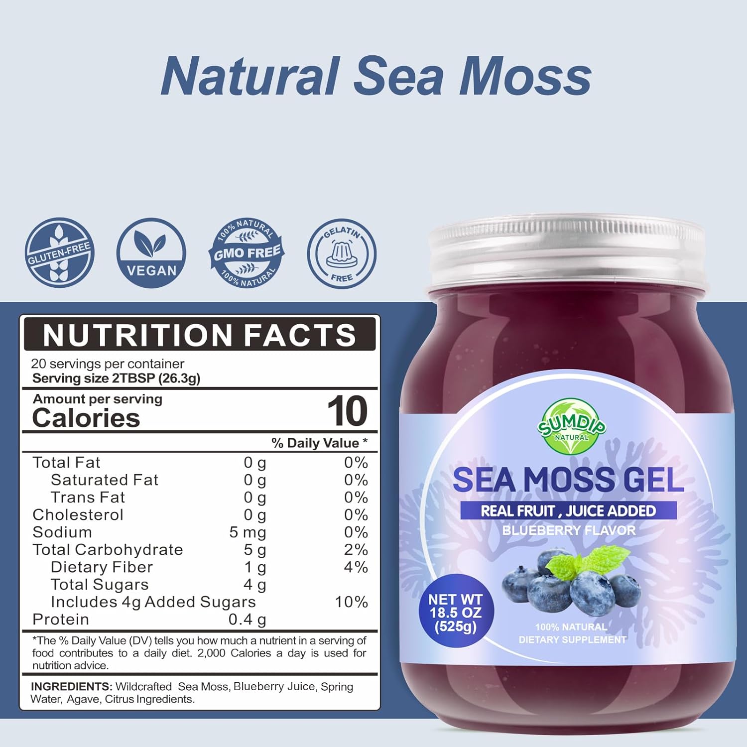 Sea Moss Gel, 18.5OZ Raw Flavored Irish Seamoss Gel Immune and Digestive Support Vitamin Mineral Supplements, Blueberry