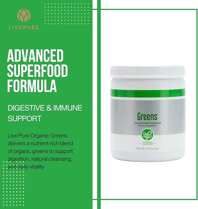 Pure Greens 210g - Greens Powder with Superfoods, Antioxidants, and Phytonutrients with Four Proprietary Blends. Easily Mix with Water or Juice. Vegan-Friendly, Naturally Sweetened with Stevia.