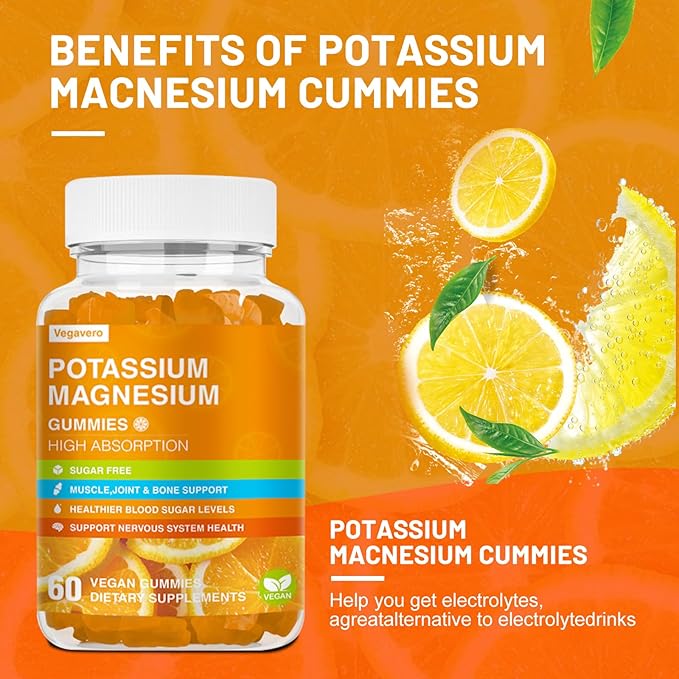 Potassium Magnesium Gummies - High Absorption Magnesium Glycinate & Potassium Citrate Plus Coenzyme Q10, DHA, D3, Mineral & Calcium for Zzz, Leg Cramps & Muscle - 60 Orange Gummies
