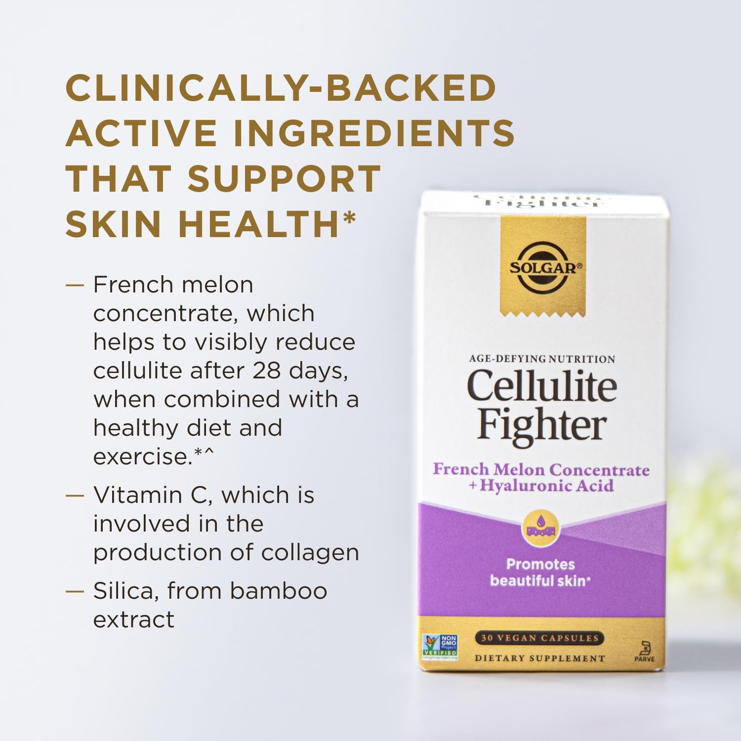 Solgar Cellulite Fighter Skin Vitamin and Mineral Supplement, Support Smooth Skin with French Melon Concentrate, Hyaluronic Acid and Vitamin C Supplement, Age-Defying Nutrition for Women, 30 Servings