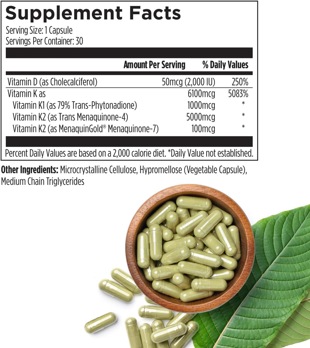 Premium D3 K2 - Full Spectrum Vitamin D3 K2, 2000 IU D3 + MK7 + MK4 + K1, Daily D3 K2 & K1 Supplements - Vitamin D Supports Calcium Absorption for Strong Bones & Immune Health - 30 Capsules