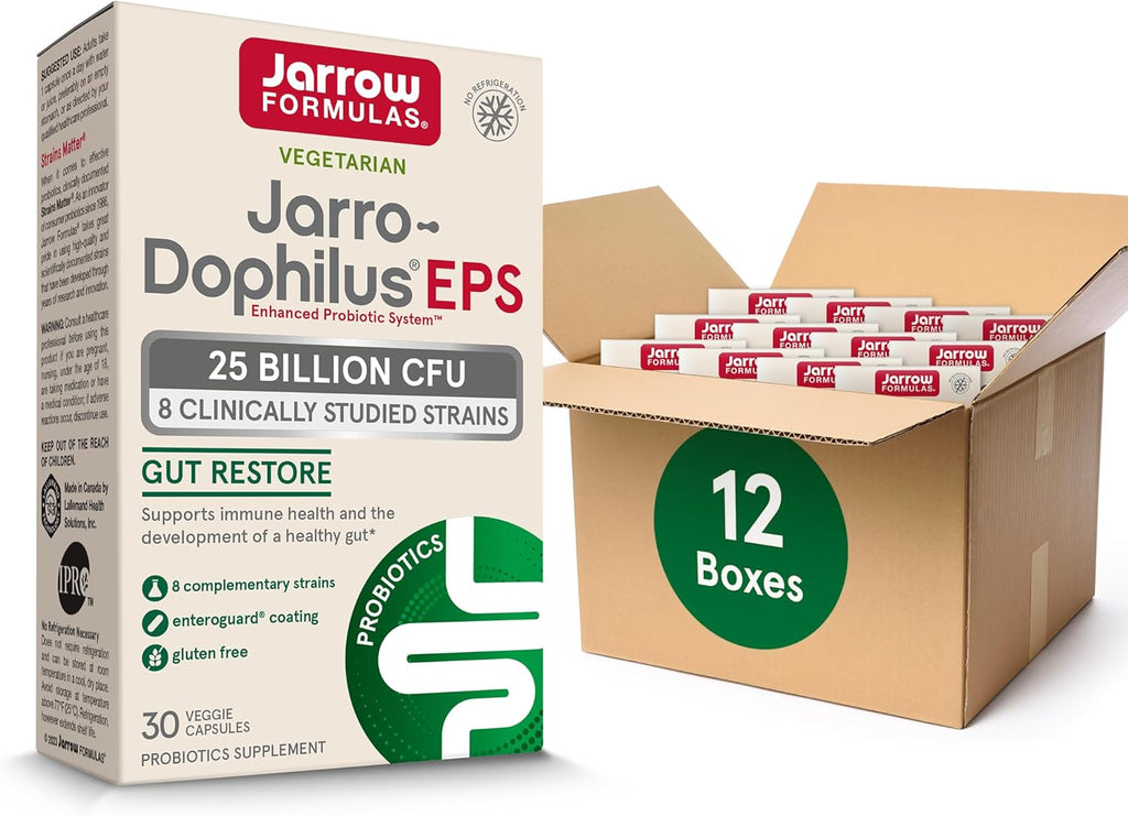 Jarrow Formulas Jarro-Dophilus EPS Gut Restore Probiotics 25 Billion CFU With 8 Clinically-Studied Strains, Dietary Supplement for Intestinal and Immune Support, 30 Veggie Capsules, 30 Day Supply