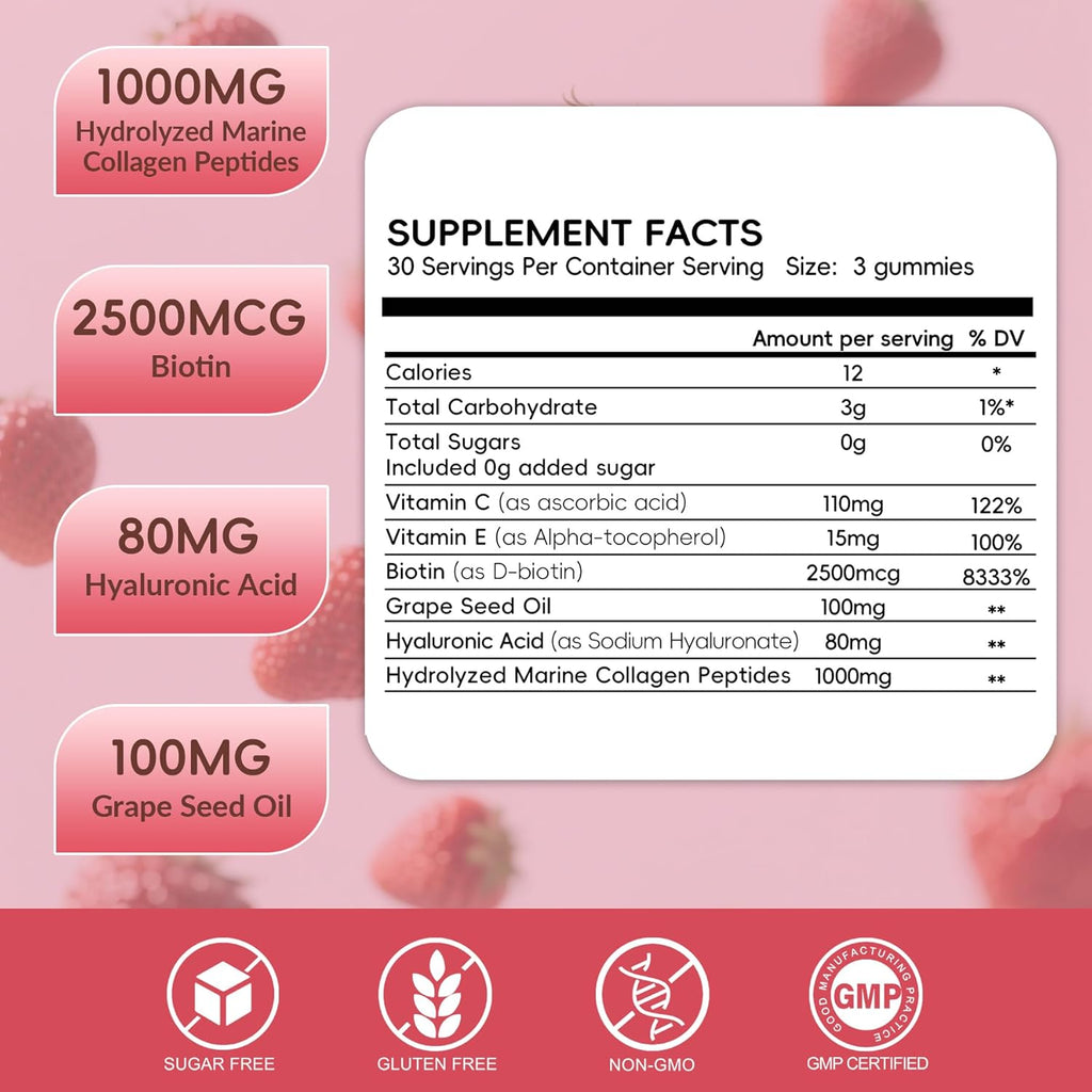 Marine Collagen Peptides Gummies for Women- Hydrolyzed Collagen Peptides 1000mg with Biotin, Vitamins, Hyaluronic Acid- for Skin Hair Nails -Sugar Free, 30 Servings, Peach Flavor