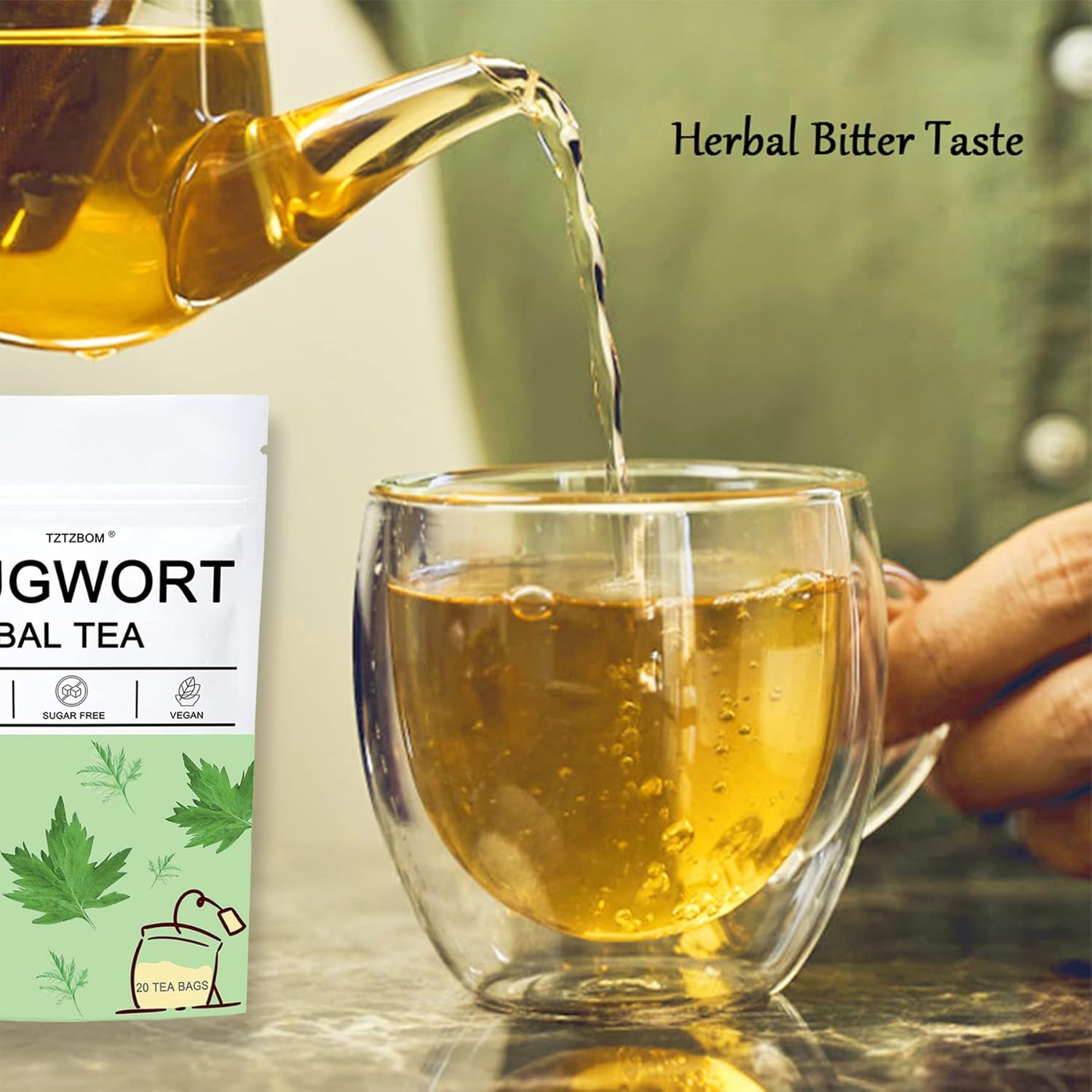 TZTZBOM Mugwort Tea Bags, Mugwort leaves 20 Teabags, 2g/bag, Caffeine Free, Natural Herbal Tea