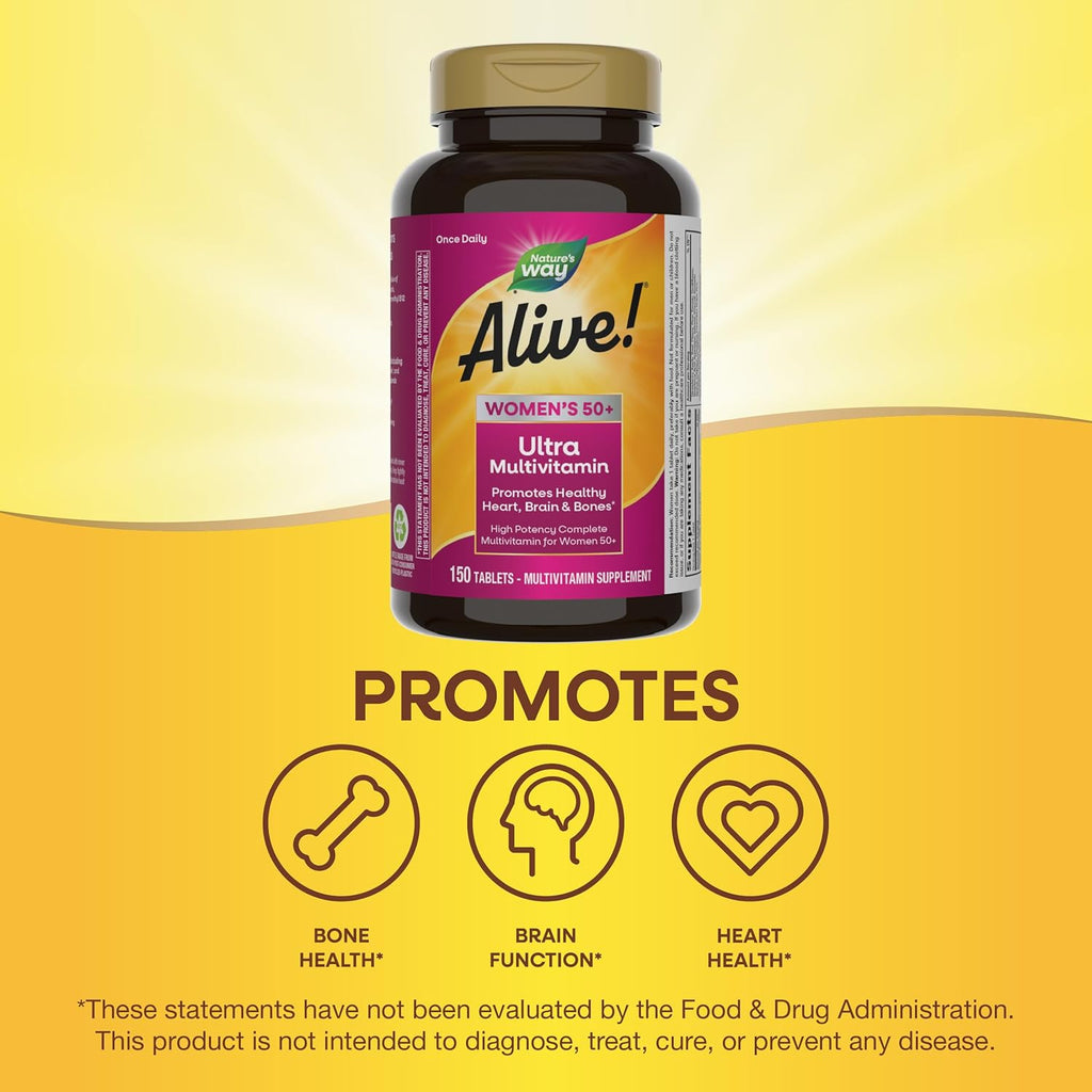 Nature’s Way Alive! Vitamins for Women 50 Plus, Complete Multivitamin, High Potency Formula, with Methylated B12, Gluten-Free, 150 Tablets