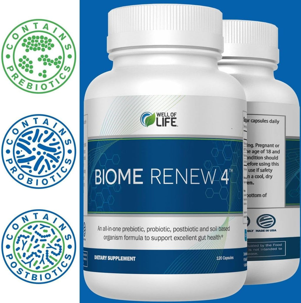 Biome Renew 4 - All-in-one Digestive & Gut Health Formula - w/Digestive Enzymes Prebiotics & Probiotics for Healthy Gut Biome for Men and Women - Supports Gut Lining, Gas & Bloating
